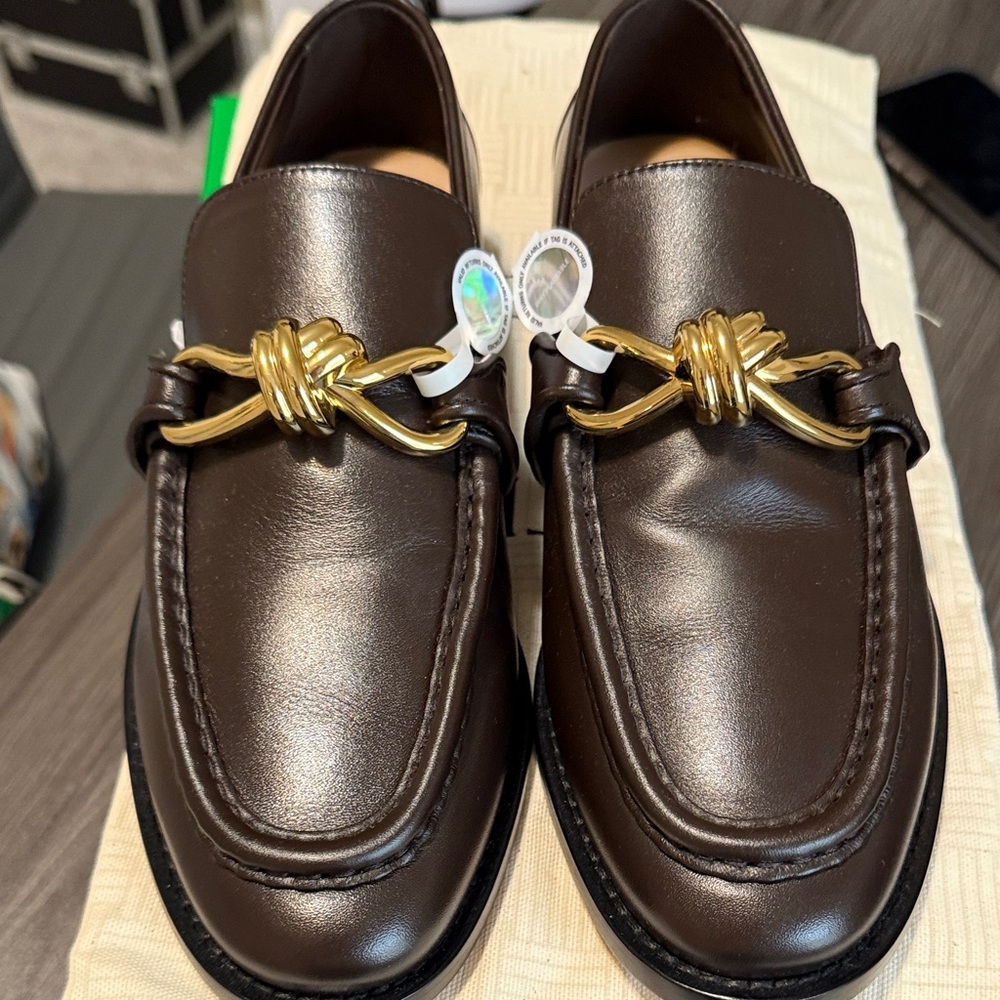 Bottega Veneta Brown Astaire Leather Loafers with Gold Accent